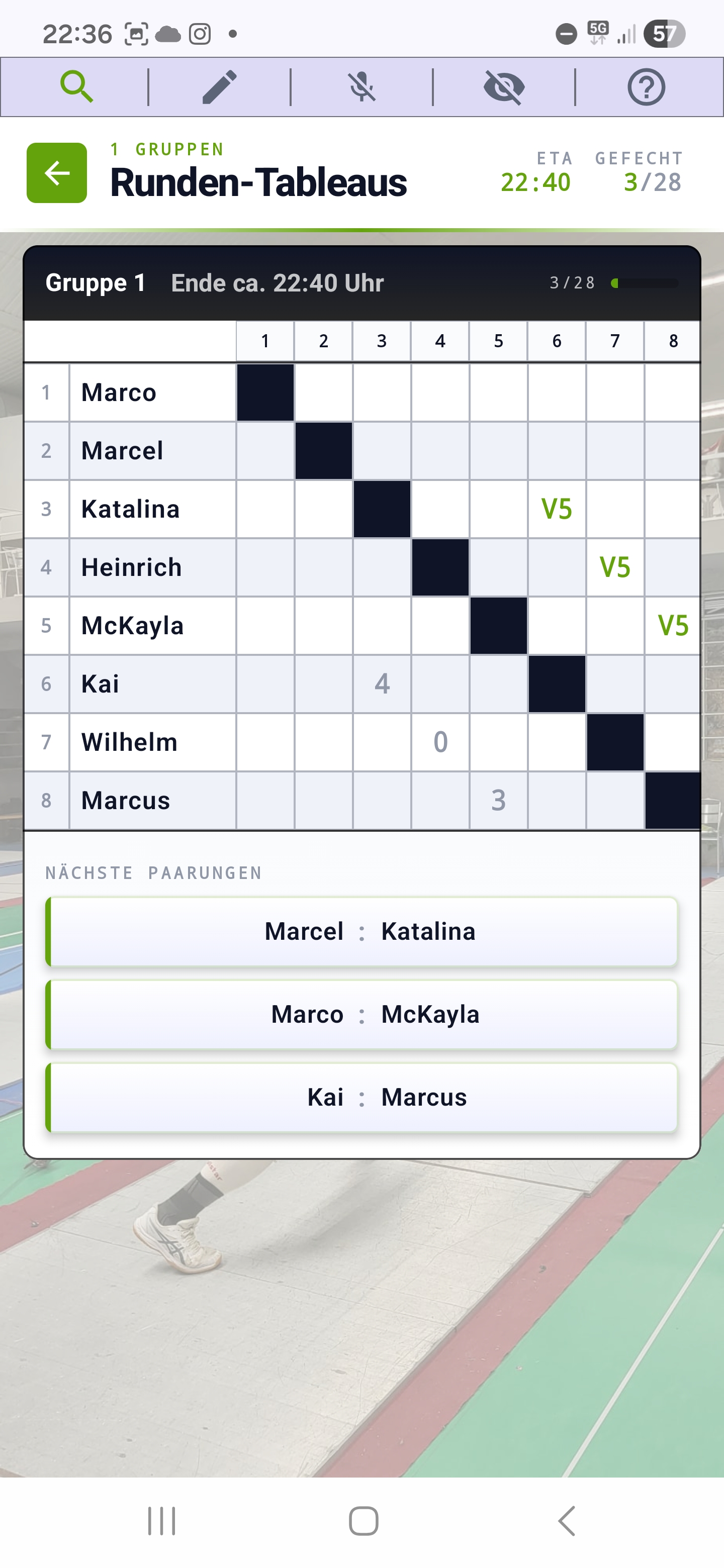Client-Smartphone mit übernommenem Pool-Tableau, einige Bouts schon mit V5-Resultaten markiert
