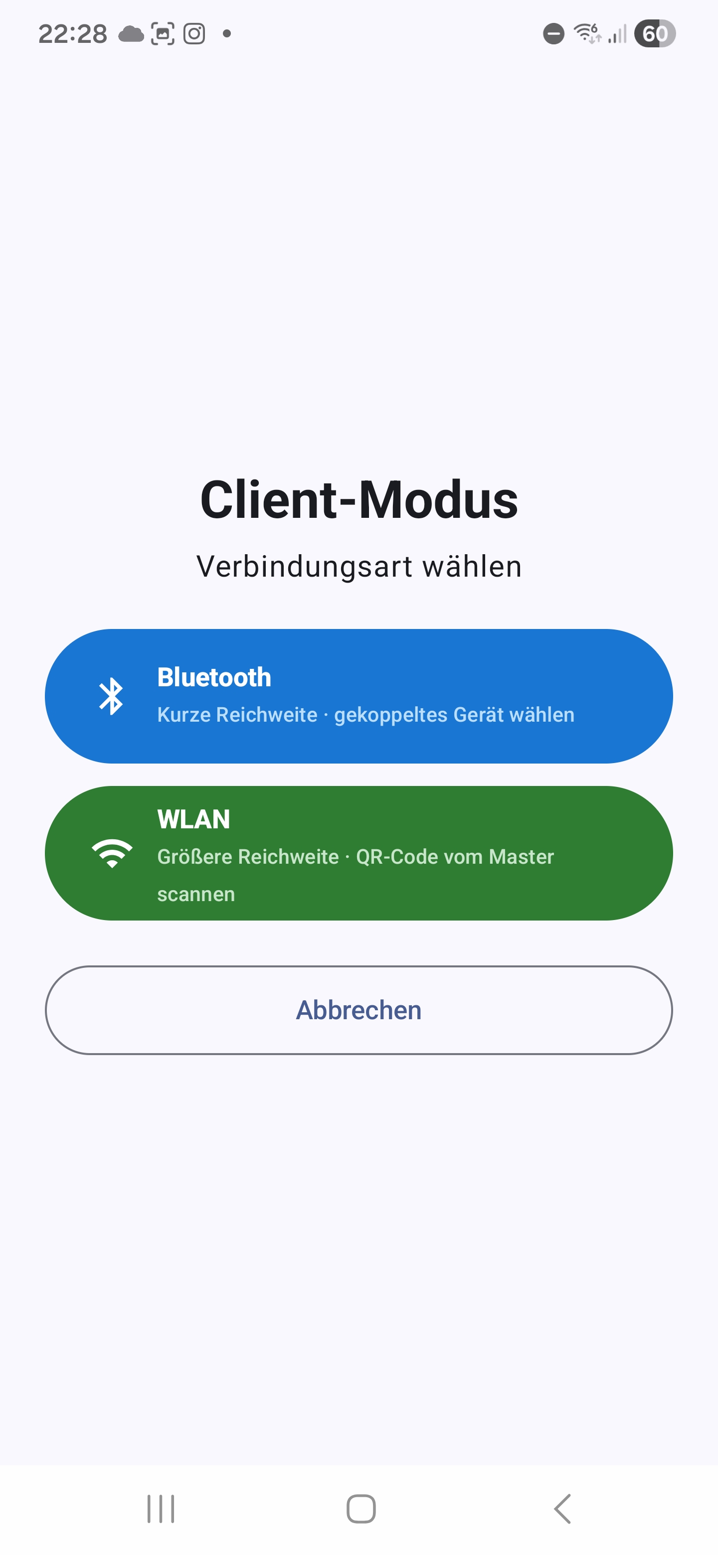 Client-Modus-Startbildschirm mit Auswahl zwischen Bluetooth und WLAN