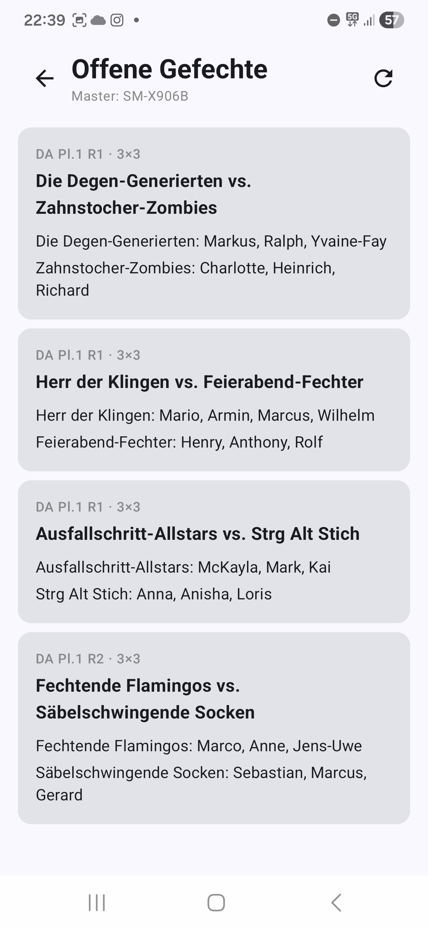 Liste der vom Master angebotenen Team-Begegnungen mit Team-Namen und Fechter-Aufstellungen