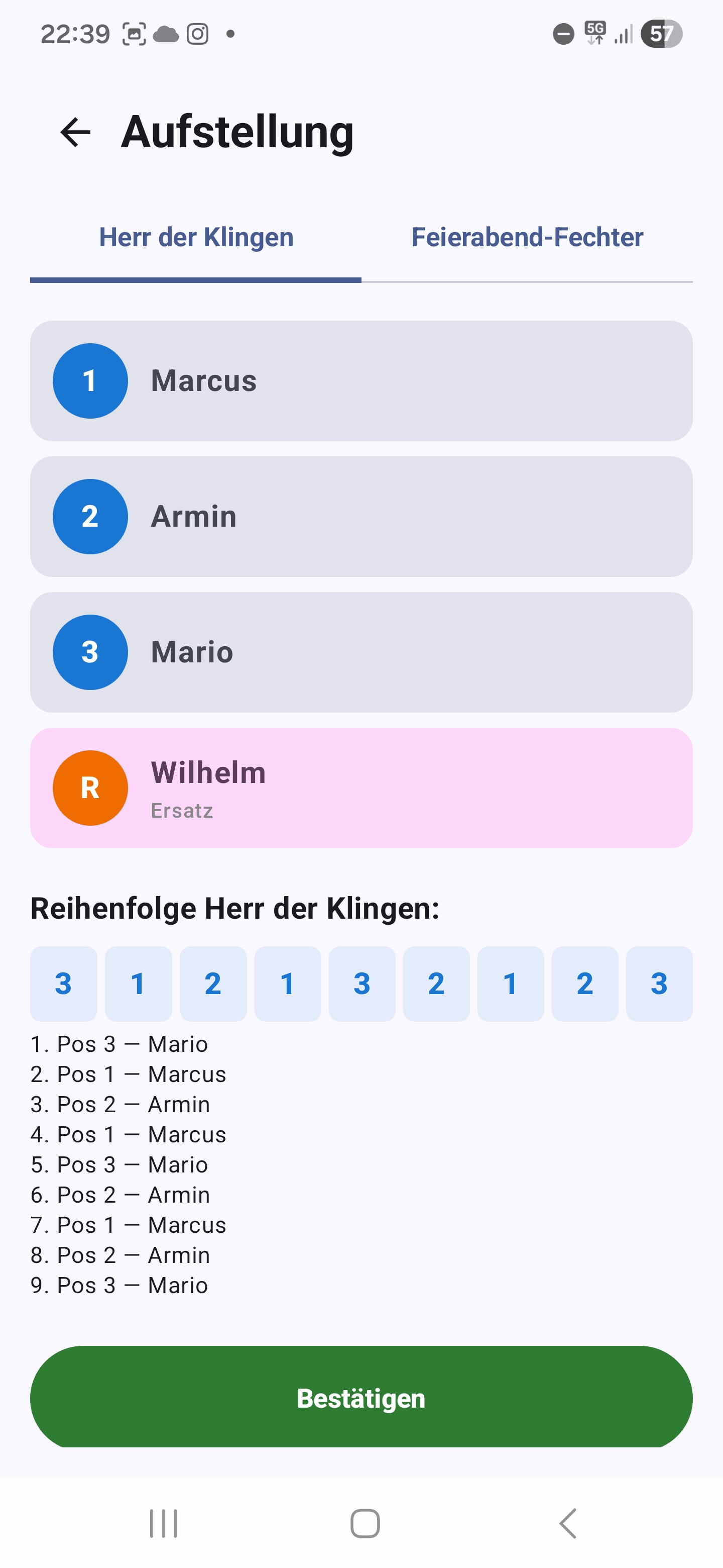 Aufstellung des ersten Teams mit nummerierten Positionen, optionalem Ersatzfechter und der vorgeschlagenen Fecht-Reihenfolge