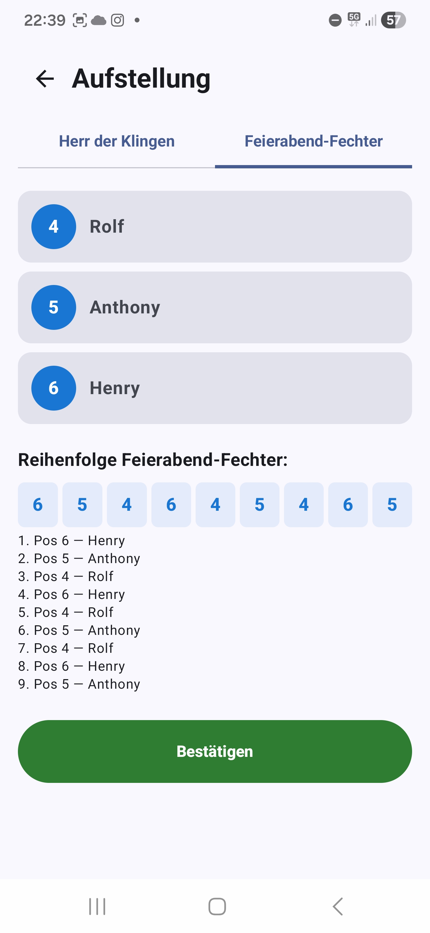Aufstellung des zweiten Teams mit eigener Positions-Nummerierung und Reihenfolge der Bouts