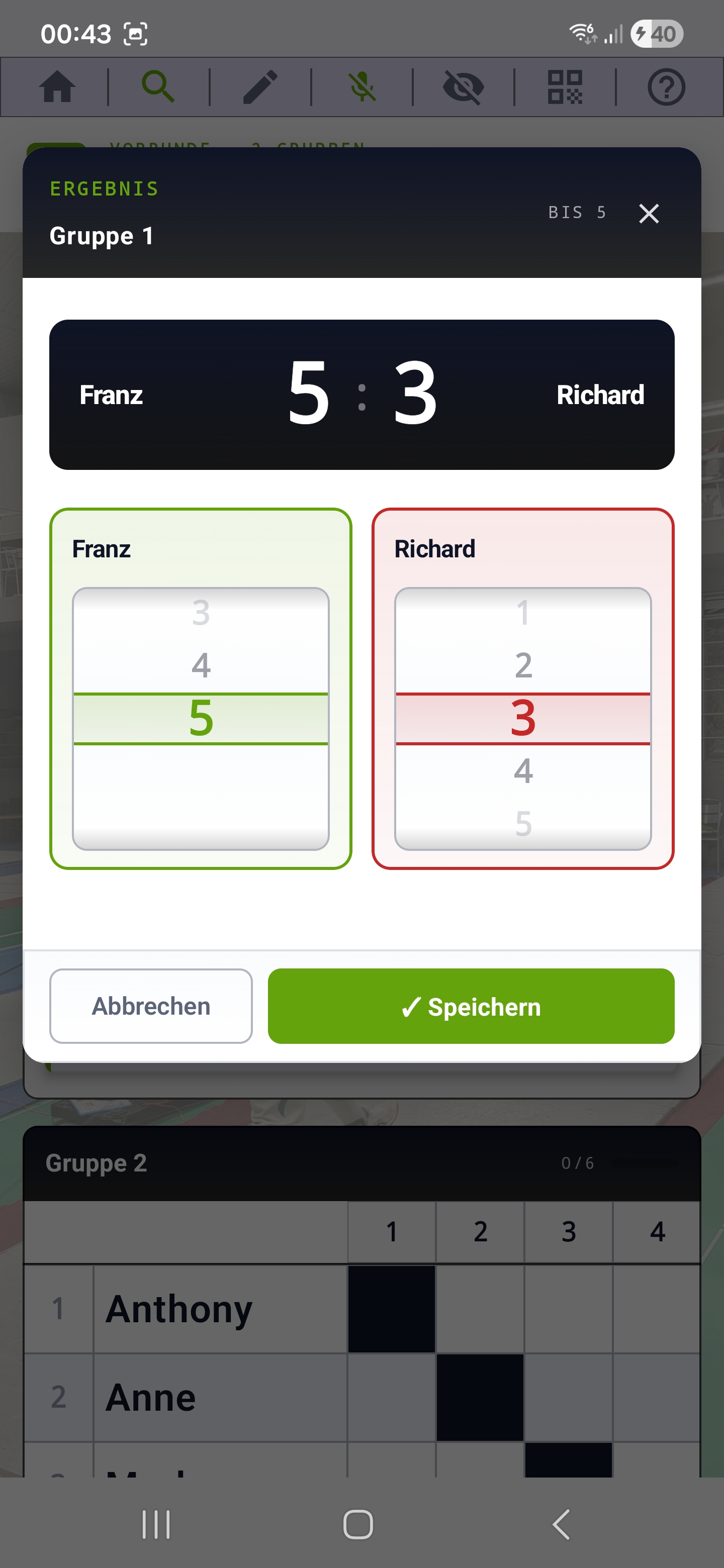 Ergebnis-Eingabe-Dialog mit zwei Wheel-Pickern für die Trefferzahlen