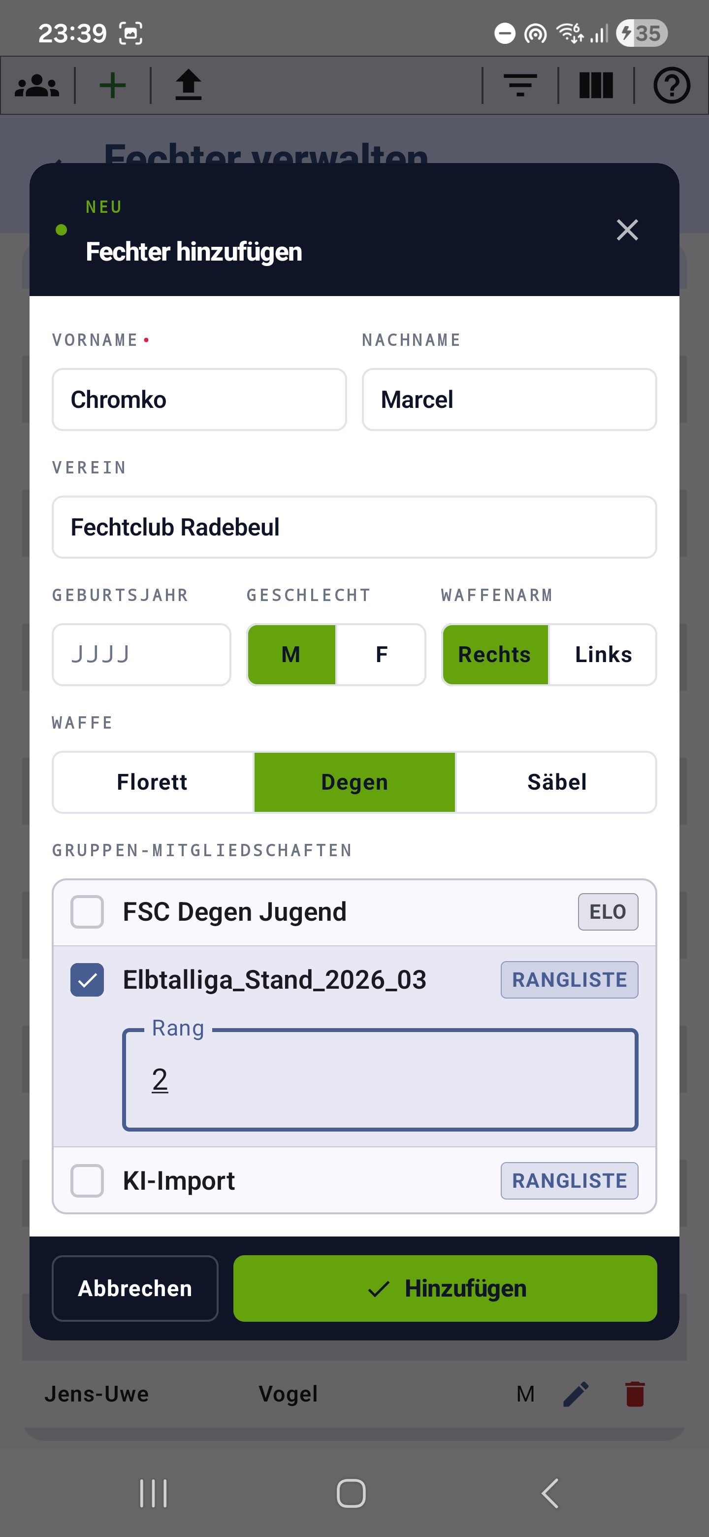 Fechter-Anlage-Dialog mit allen Stammdaten und Gruppen-Auswahl