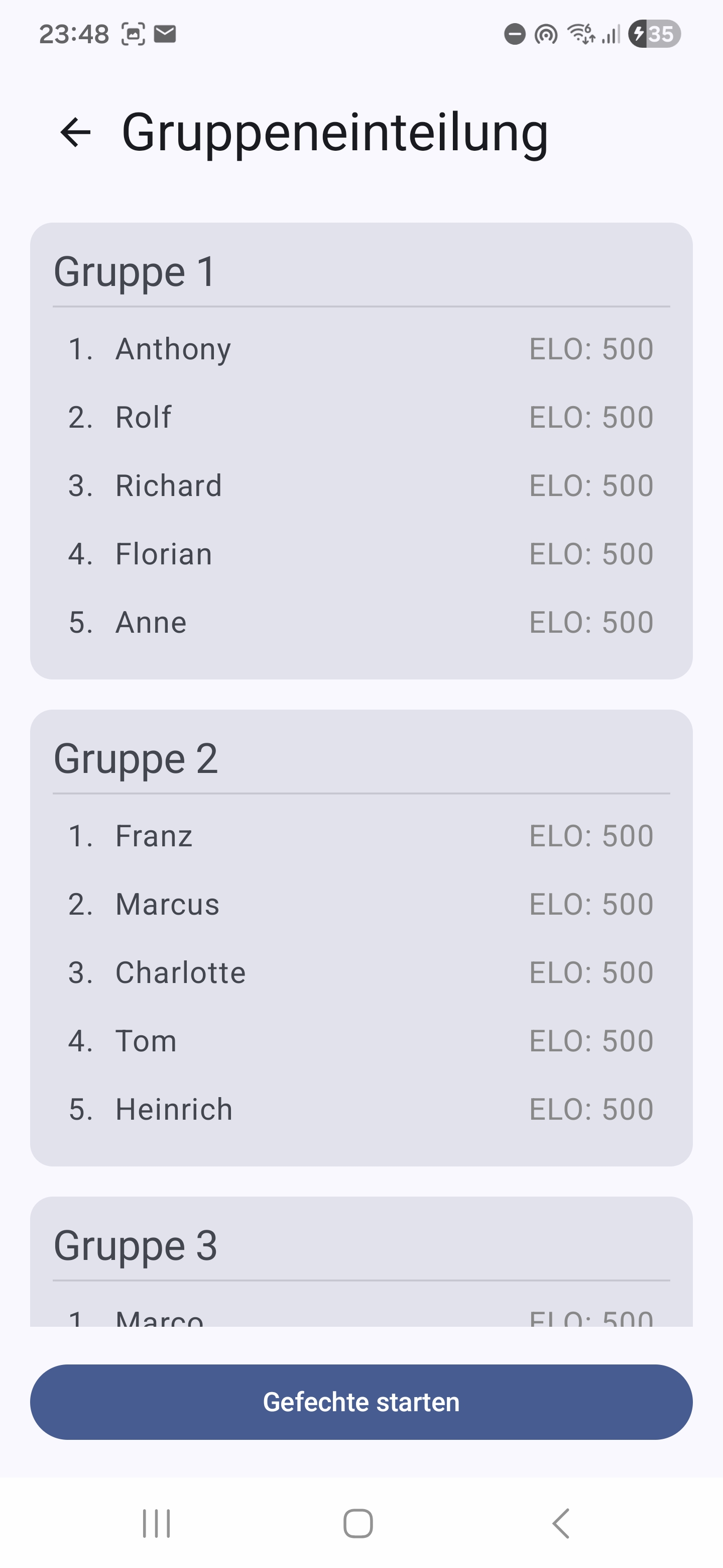 Gruppeneinteilungs-Screen Pool-Zuordnung mit allen Pools nebeneinander