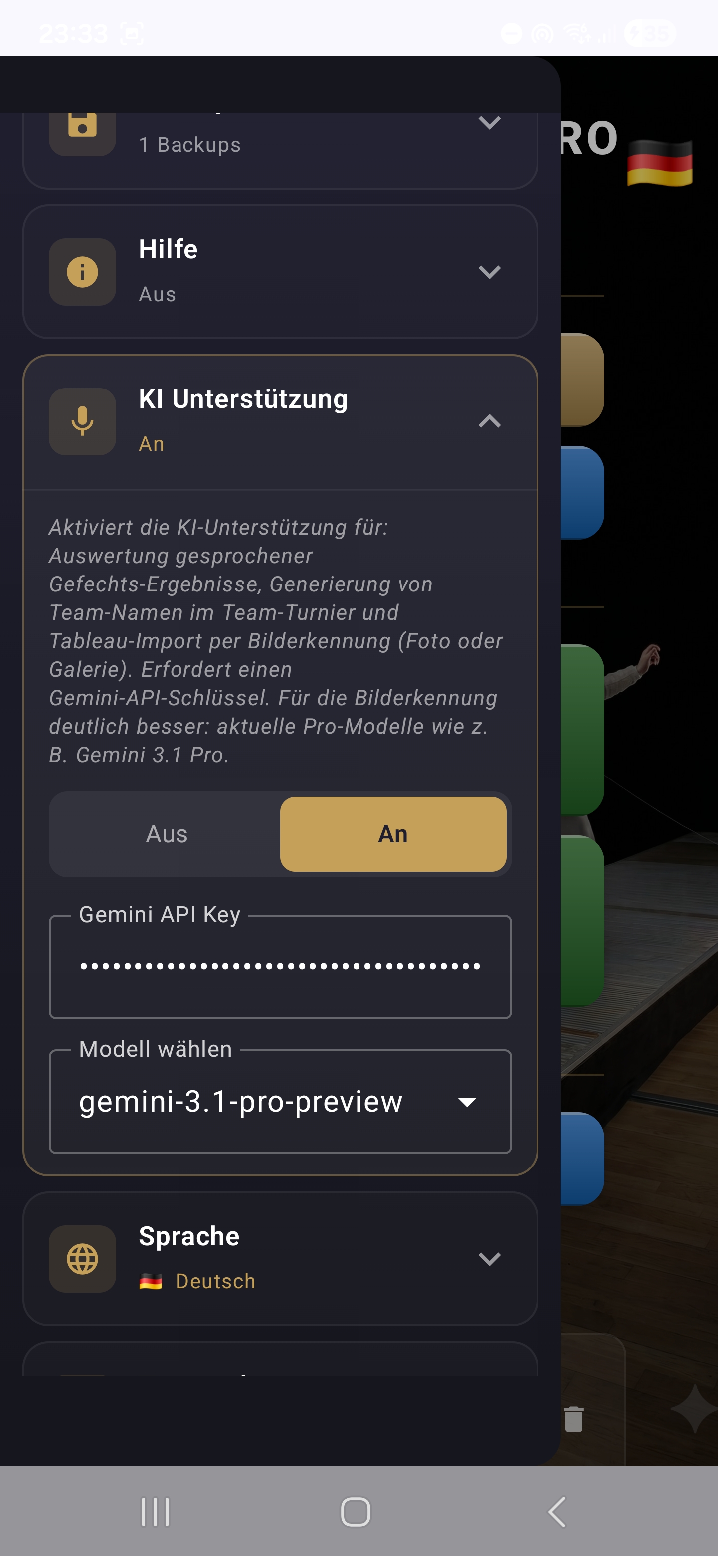 KI-Einstellungen mit API-Key und Modell-Auswahl