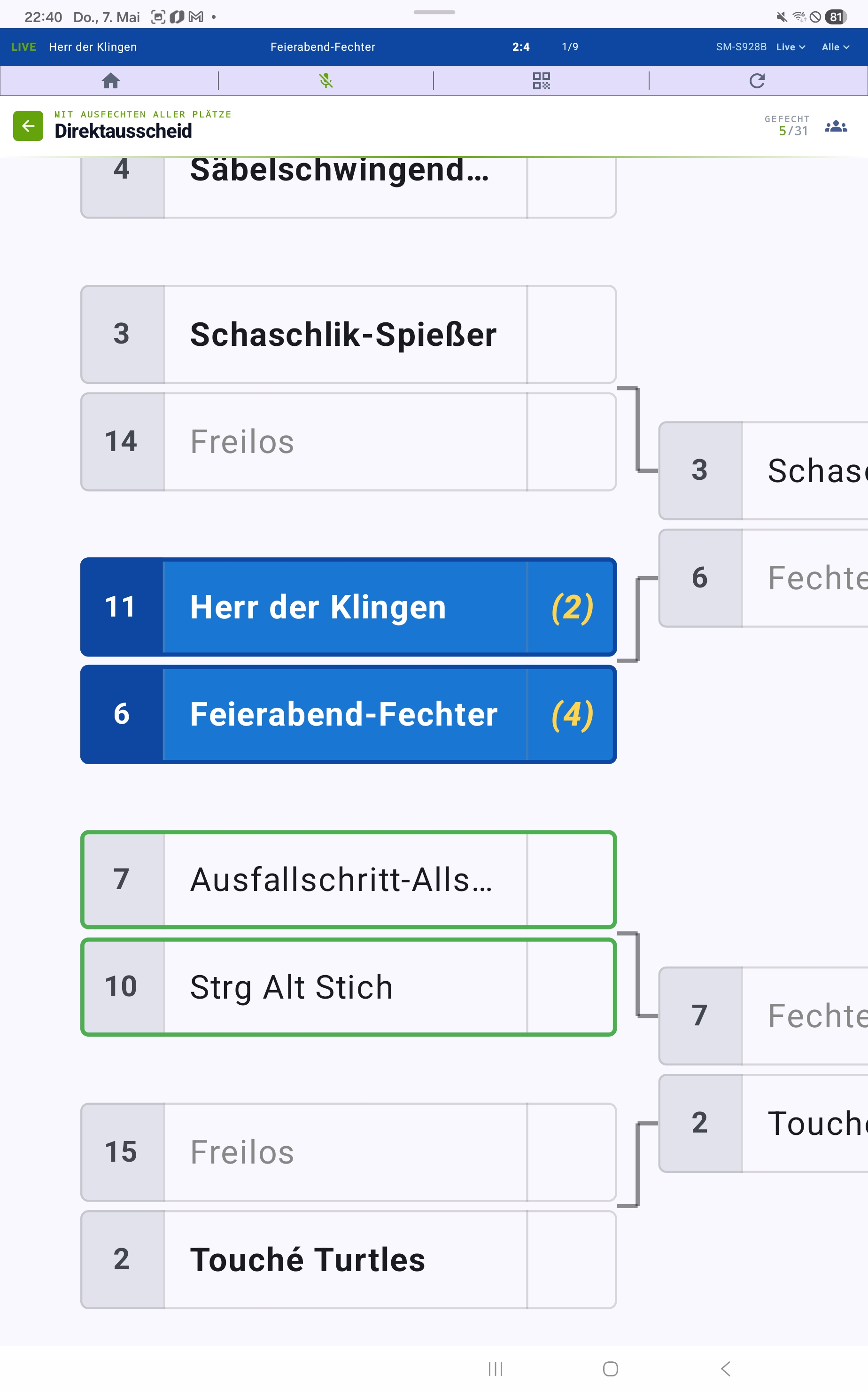 Master-Tablet mit allen Begegnungen einer Runde, die Einzelgefechte sind pro Begegnung ausklappbar