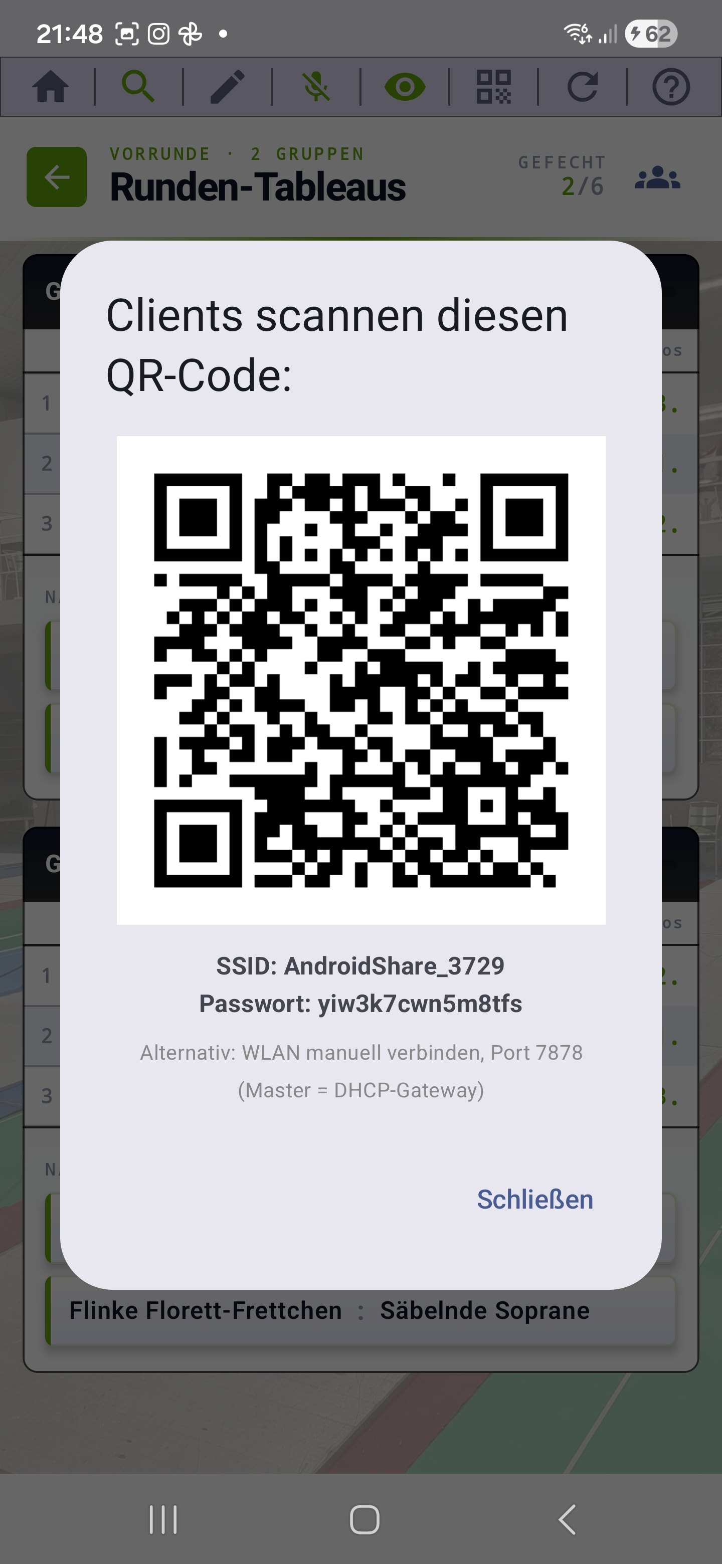 QR-Code-Dialog mit SSID, Passwort und Hinweis für Client-Geräte