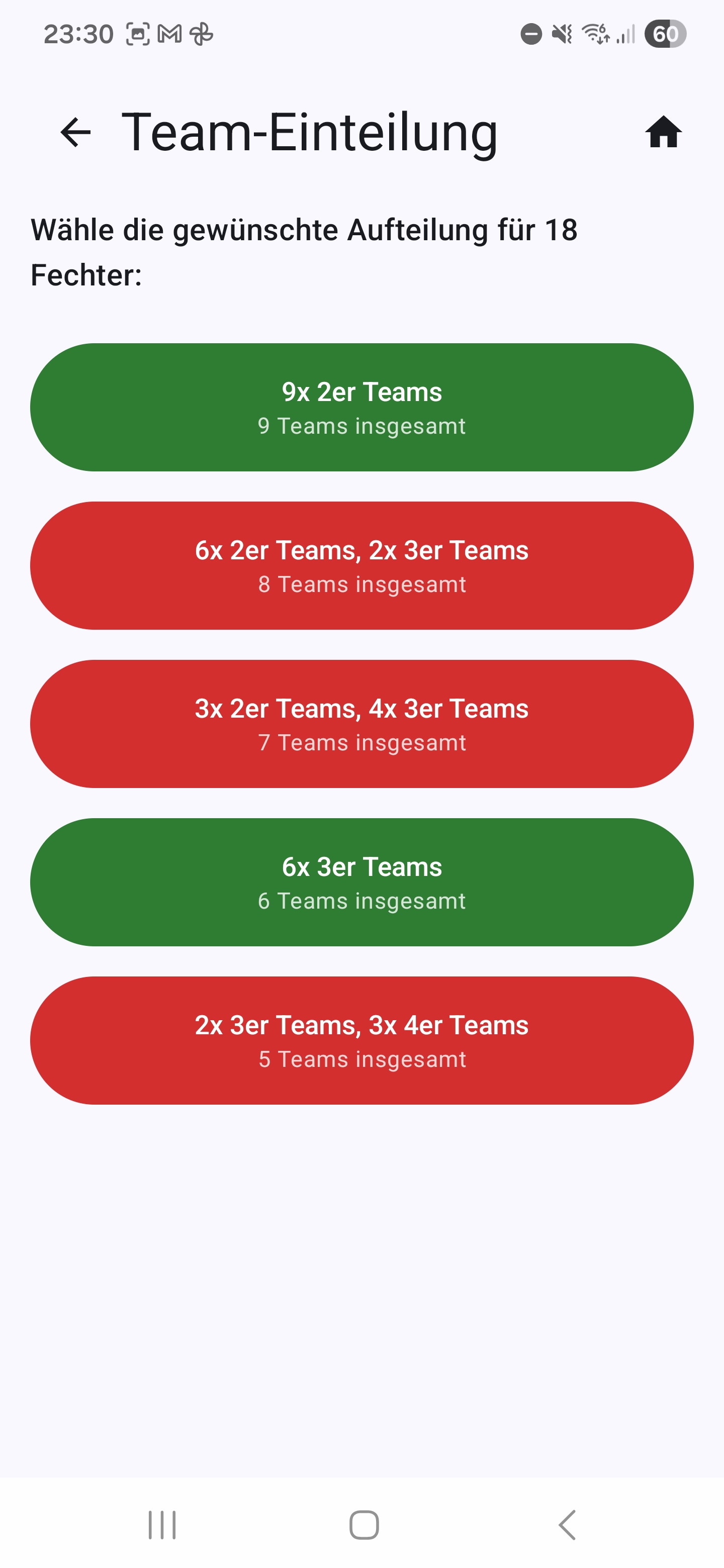 Team-Einteilungs-Vorschläge mit Ampel-Farben