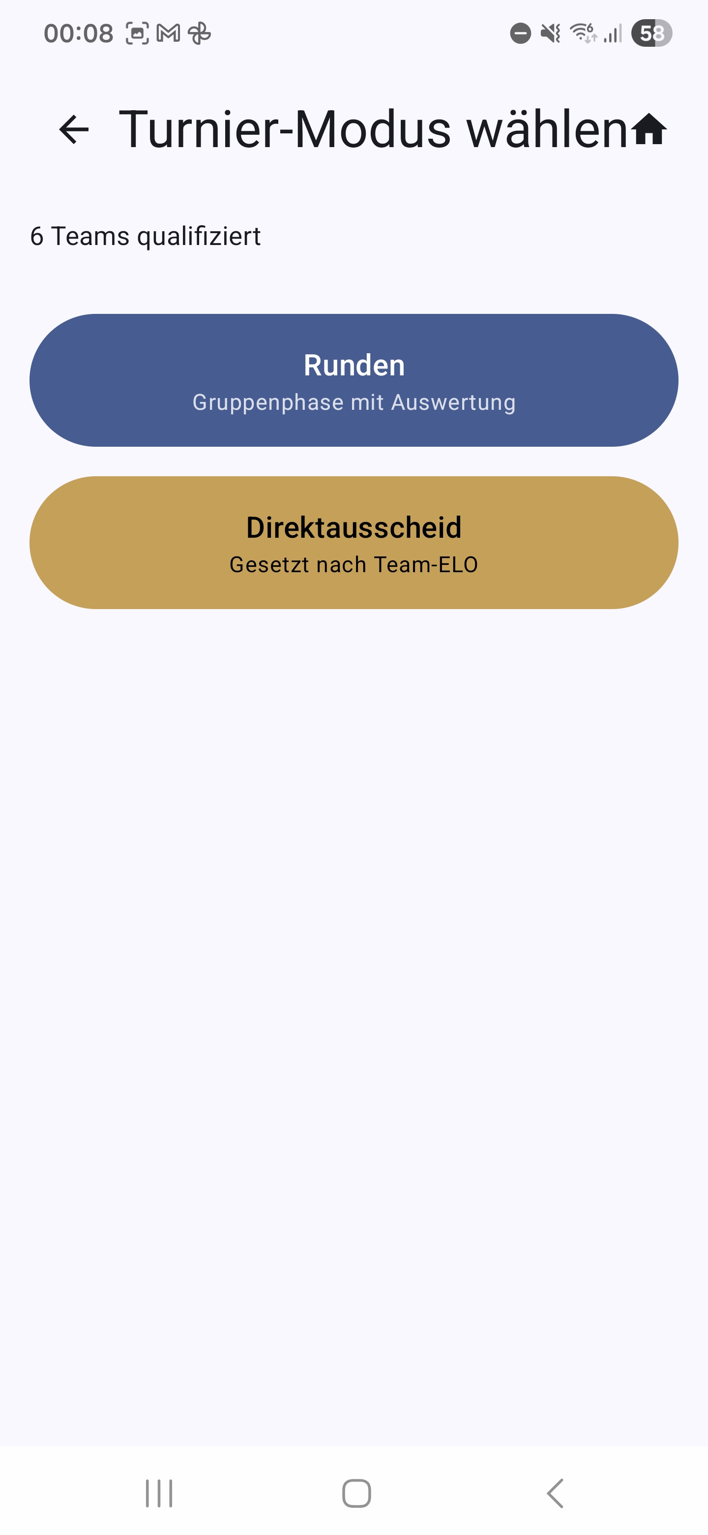 Turnier-Modus wählen — Runden oder Direktausscheid