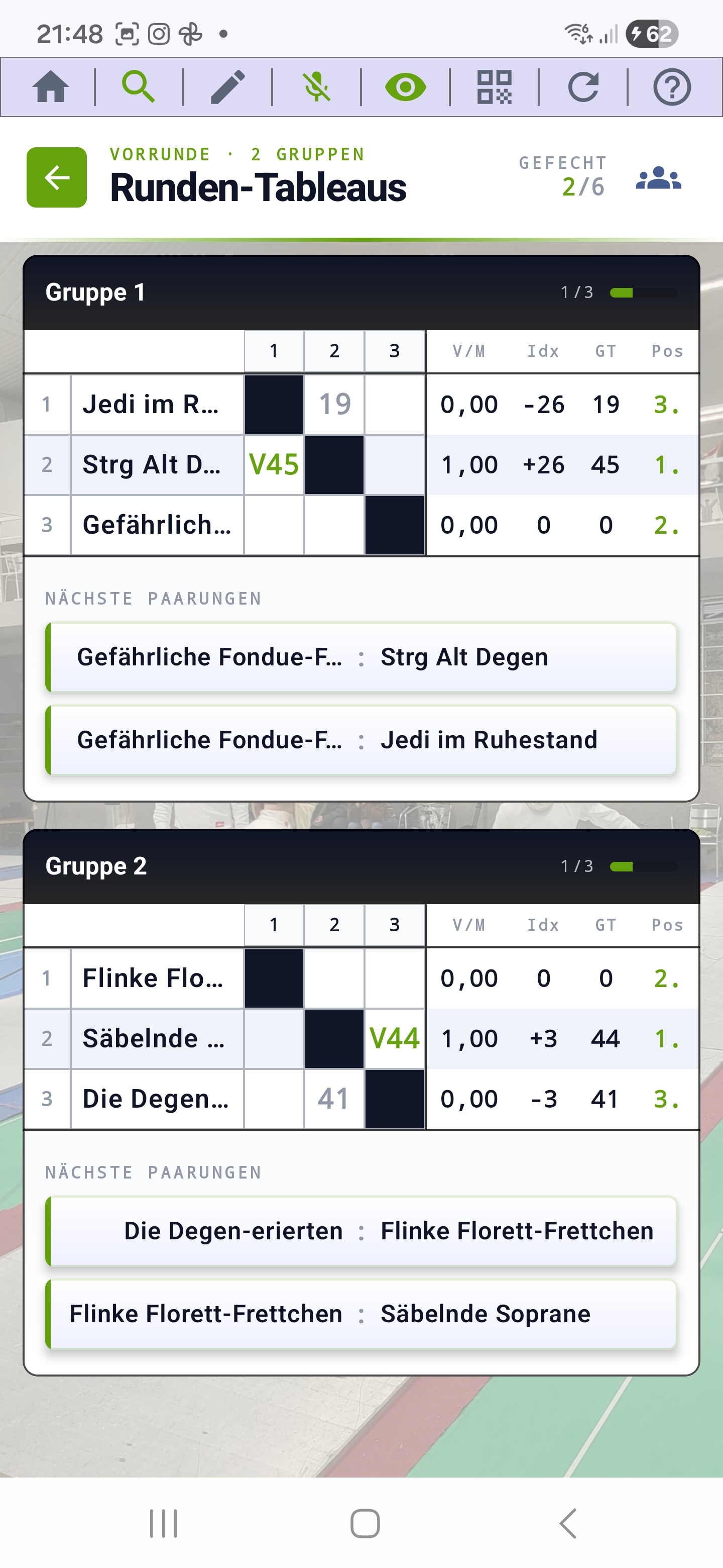 Screenshot: Team-Runden-Tableau mit nächsten Paarungen