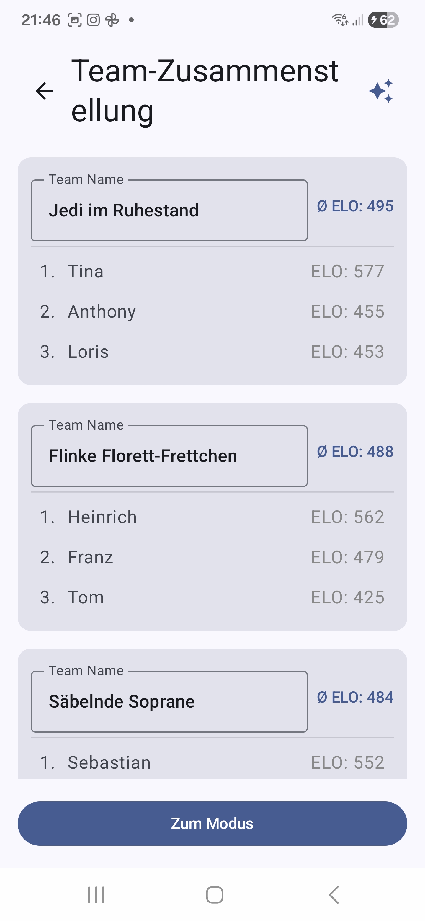 Team-Zusammenstellung mit Fechtern und Durchschnitts-ELO